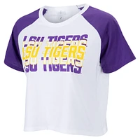 Women's ZooZatz White LSU Tigers Colorblock Repeat Raglan Cropped T-Shirt