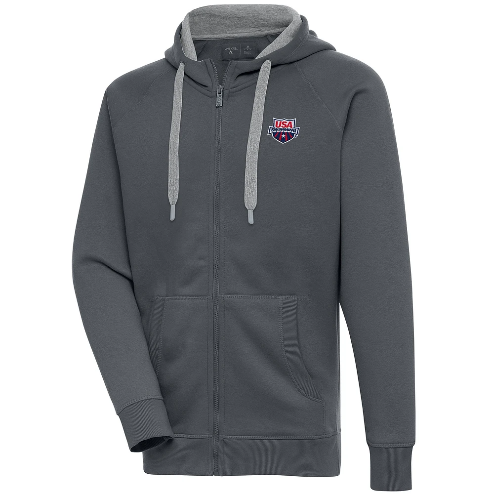 Men's Antigua Charcoal USA Swimming Victory Full-Zip Hoodie