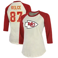 Women's Majestic Threads Travis Kelce Cream/Red Kansas City Chiefs Player Raglan Name & Number Fitted 3/4-Sleeve T-Shirt