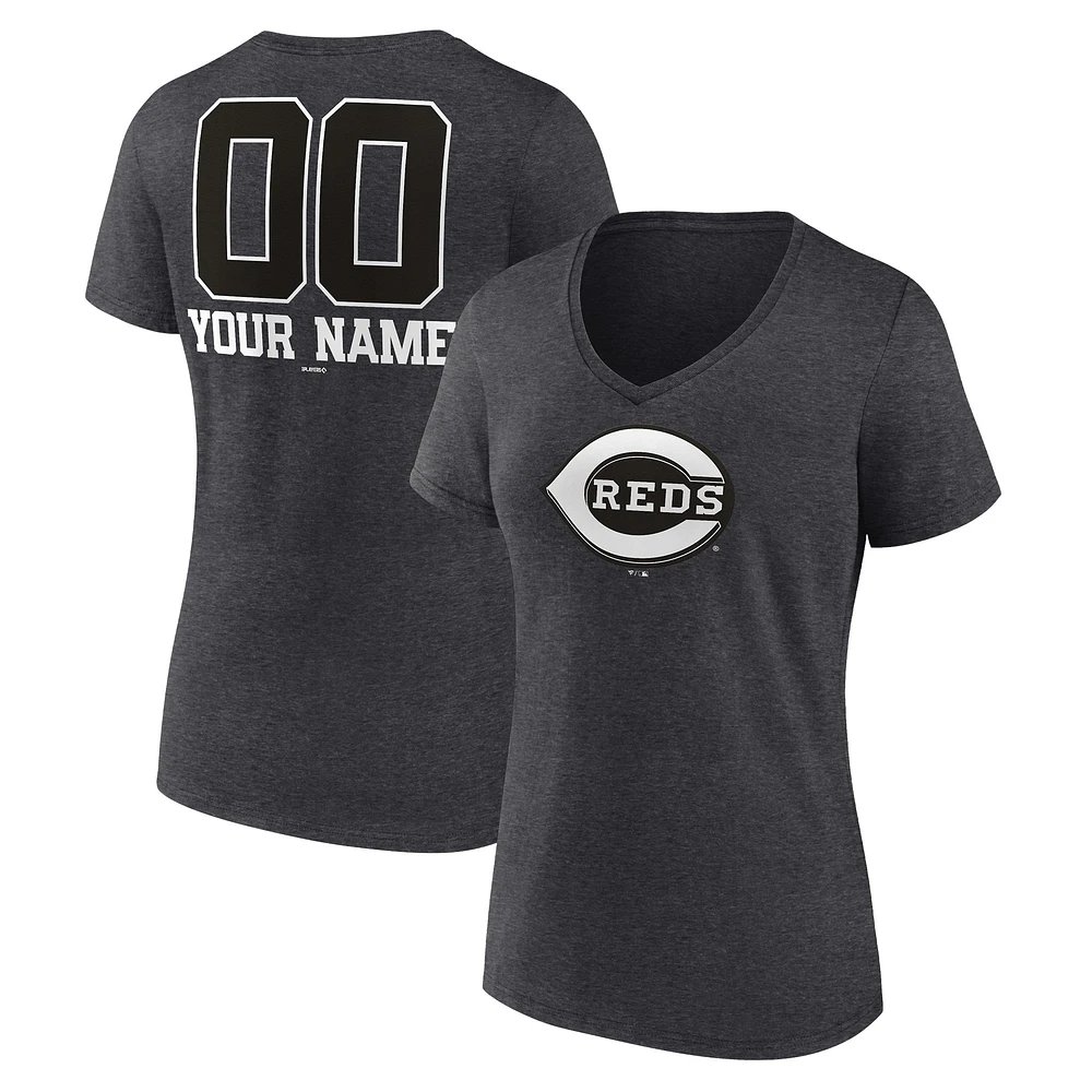 Women's Charcoal Cincinnati Reds Personalized Monochrome Name & Number V-Neck T-Shirt