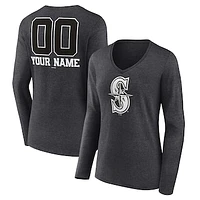 Women's Charcoal Seattle Mariners Personalized Monochrome Name & Number Long Sleeve V-Neck T-Shirt