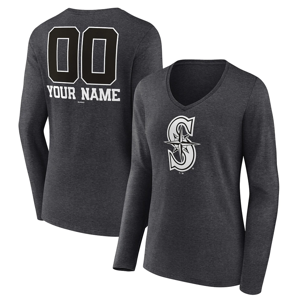 Women's Charcoal Seattle Mariners Personalized Monochrome Name & Number Long Sleeve V-Neck T-Shirt