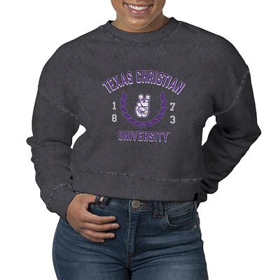 Women's Uscape Apparel  Black TCU Horned Frogs Laurels Fleece Crop Pullover Sweatshirt