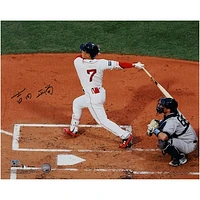 Masataka Yoshida Boston Red Sox Autographed 16" x 20" White Jersey Swing Photograph - Kanji Signature