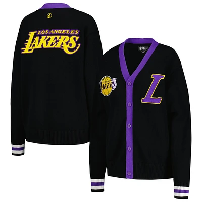 Women's FISLL Black Los Angeles Lakers Chenille Letterman Cardigan Sweater