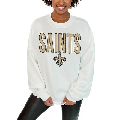 Women's Gameday Couture  White New Orleans Saints Just Go With It Oversized Long Sleeve Crewneck Sweatshirt