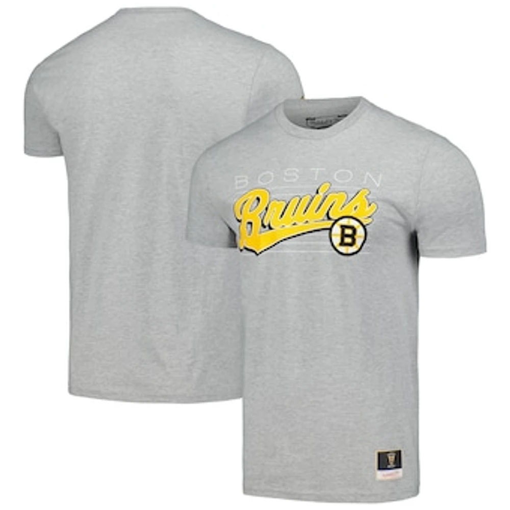 Men's Mitchell & Ness Heather Gray Boston Bruins 100th Anniversary Script Sweep T-Shirt