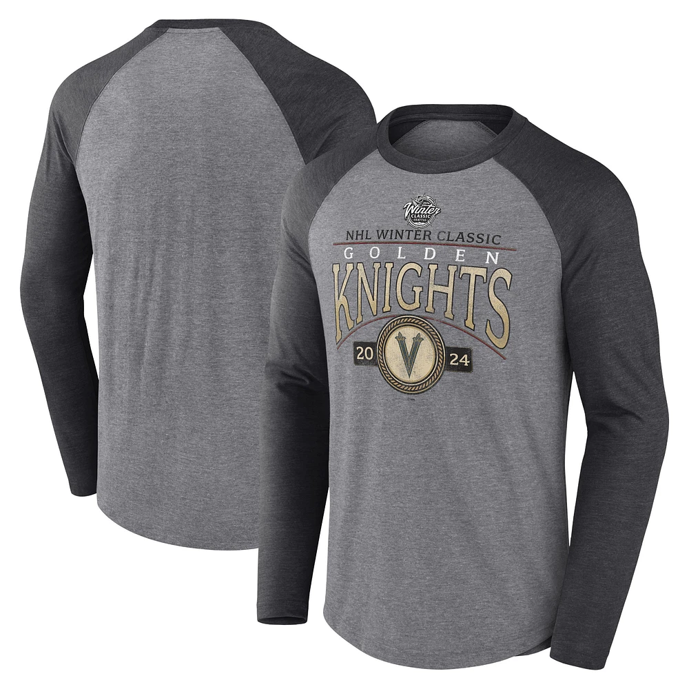 Men's Fanatics Heather Gray Vegas Golden Knights 2024 NHL Winter Classic Distressed Tri-Blend Long Sleeve T-Shirt