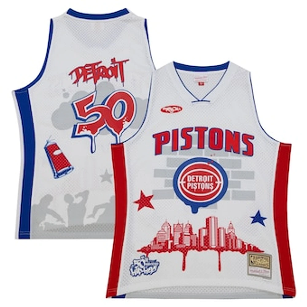 Men's Mitchell & Ness x Tats Cru White Detroit Pistons Hardwood Classics Fashion Jersey