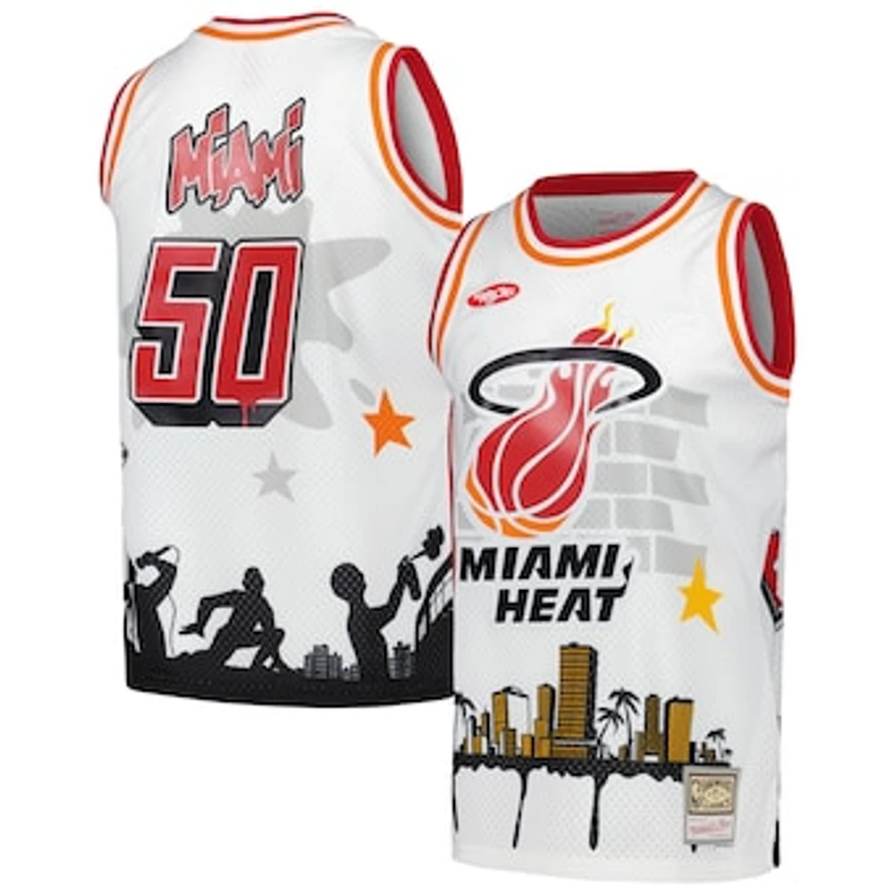 Men's Mitchell & Ness x Tats Cru White Miami Heat Hardwood Classics Fashion Jersey