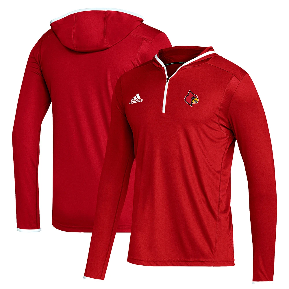 Men's adidas Red Louisville Cardinals Sideline Team Issued Hooded Quarter-Zip Long Sleeve T-Shirt