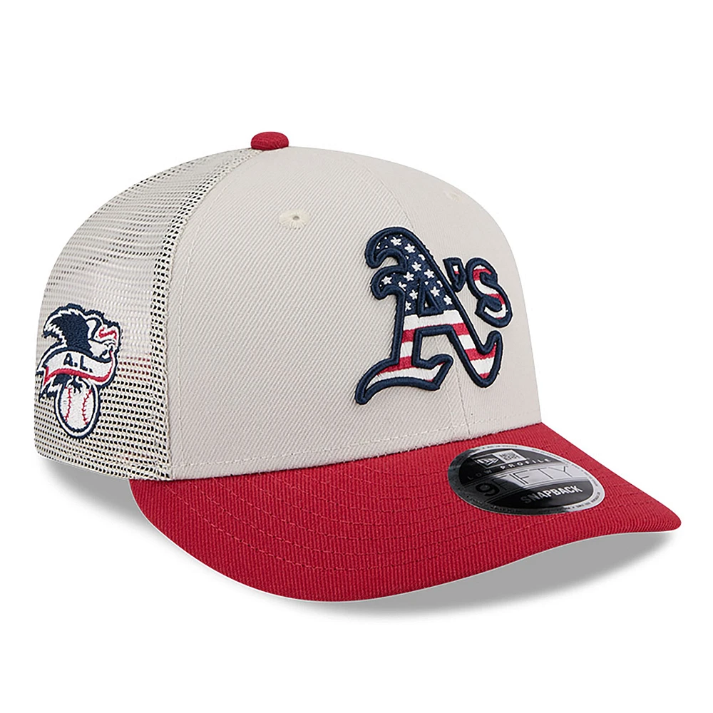 Men's New Era Khaki/Red Athletics 2024 Fourth of July Trucker Low Profile 9FIFTY Snapback Hat