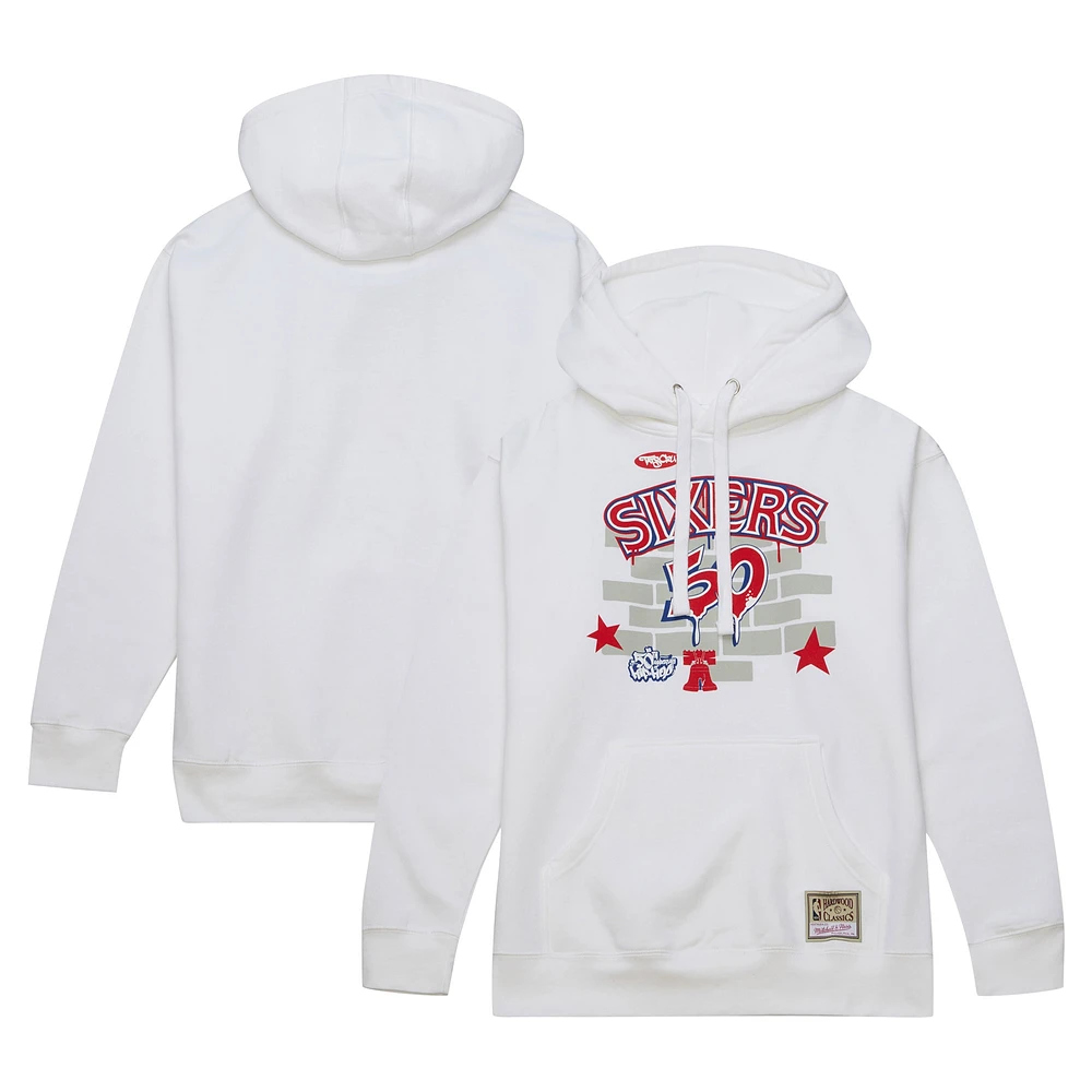 Men's Mitchell & Ness x Tats Cru White Philadelphia 76ers Hardwood Classics Brick Pullover Hoodie