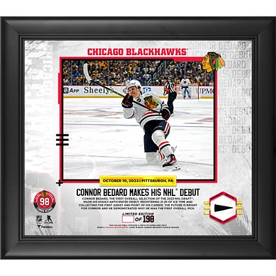 Connor Bedard Chicago Blackhawks Framed NHL Debut 15" x 17" Player Collage with a Piece of Game-Used Puck - Limited Edition of 198