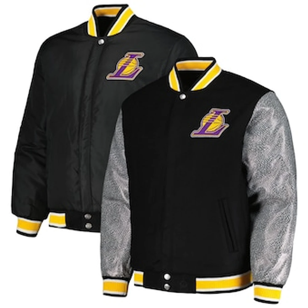 Men's JH Design Black Los Angeles Lakers Reversible Melton Full-Snap Jacket