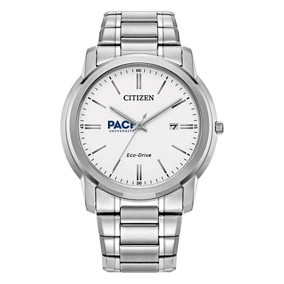 Men's Citizen Watch  Silver Pace University Setters Eco-Drive White Dial Stainless Steel Watch