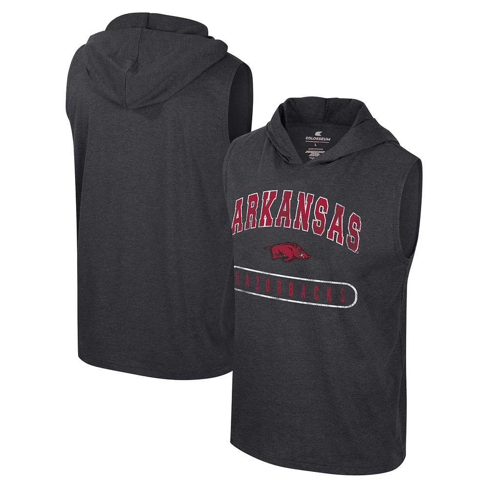 Men's Colosseum Heather Black Arkansas Razorbacks Varsity Sleeveless Hoodie Tank Top