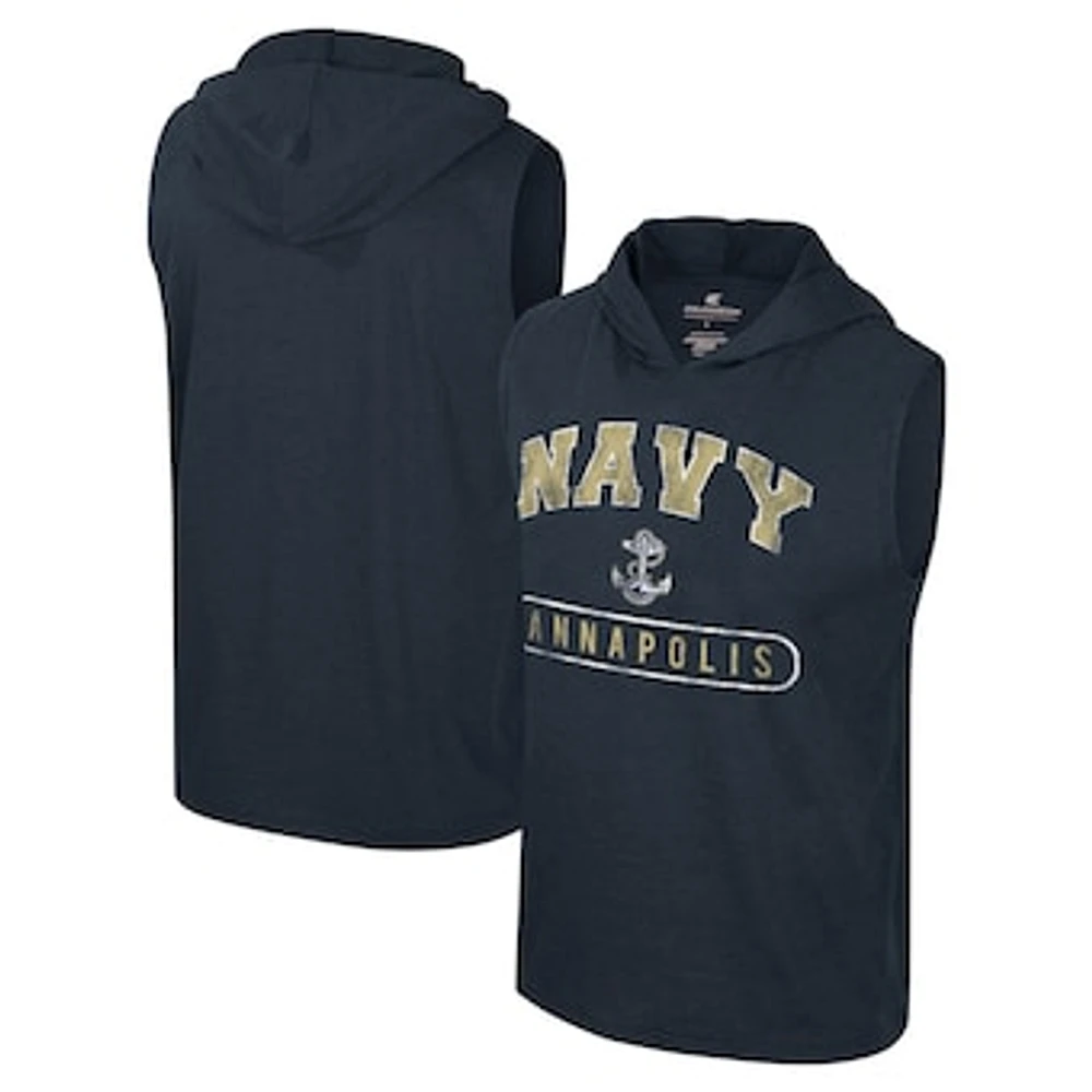 Men's Colosseum Heather Navy Navy Midshipmen Varsity Sleeveless Hoodie Tank Top