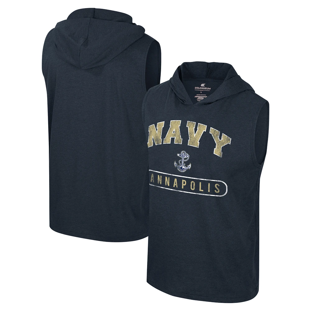 Men's Colosseum Heather Navy Midshipmen Varsity Sleeveless Hoodie Tank Top