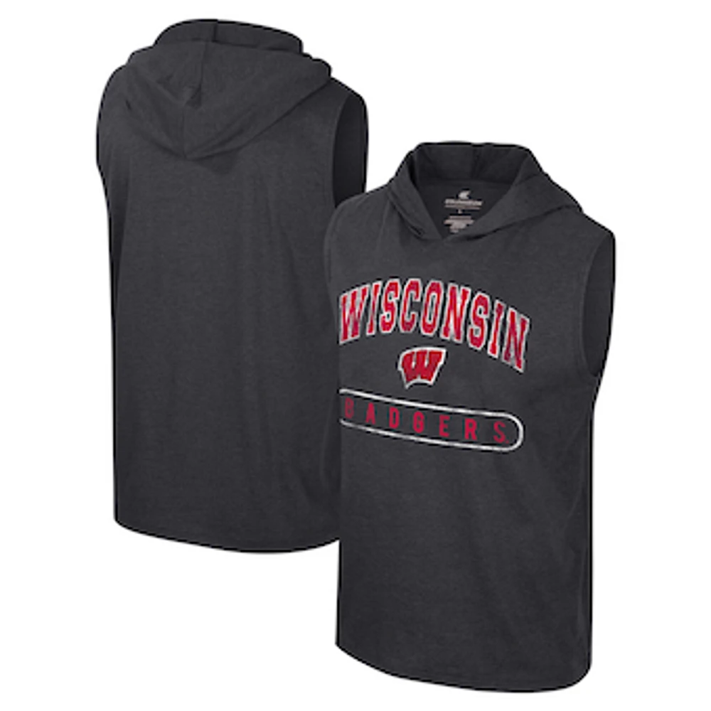 Men's Colosseum Heather Black Wisconsin Badgers Varsity Sleeveless Hoodie Tank Top