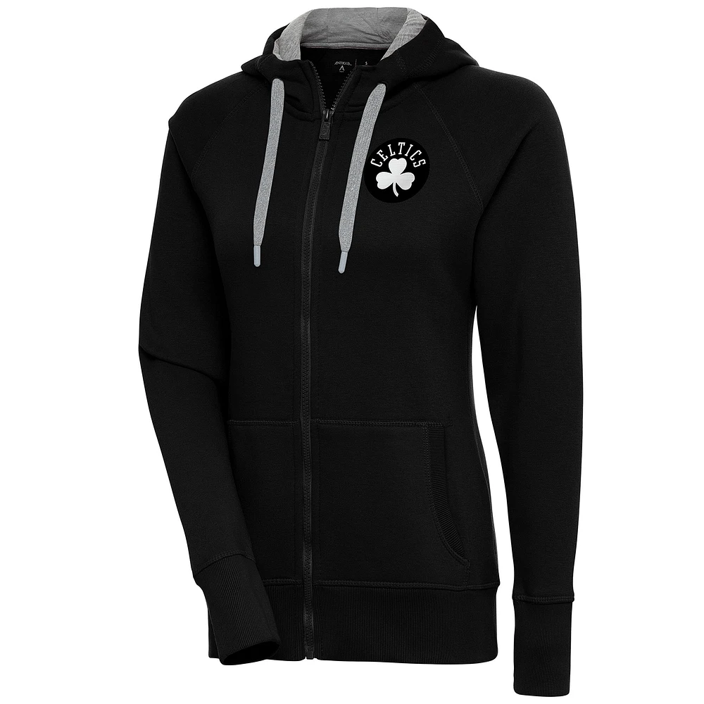 Women's Antigua Black Boston Celtics Brushed Metallic Victory Full-Zip Hoodie