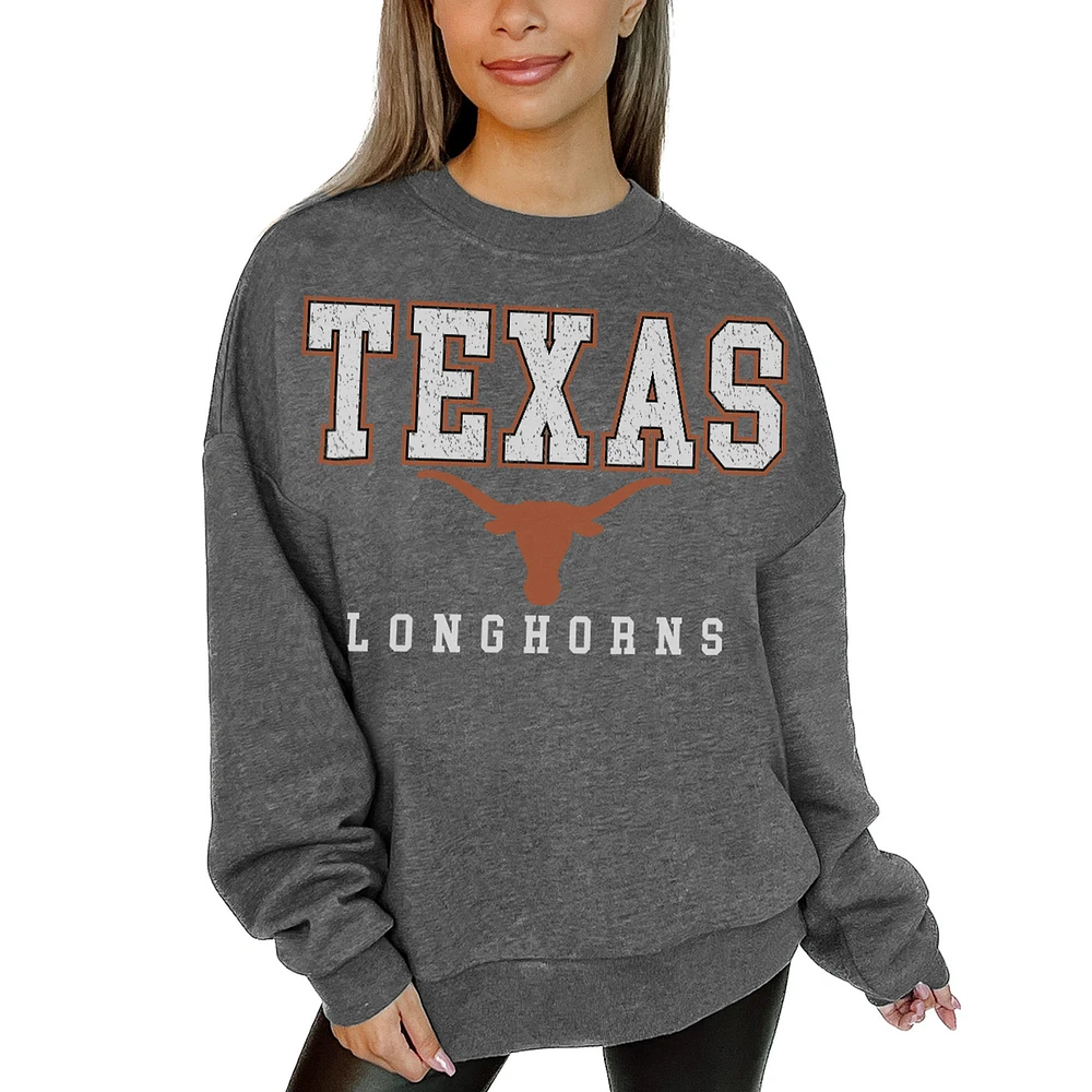 Women's Gameday Couture Heather Charcoal Texas Longhorns Distressed Fleece Pullover Sweatshirt