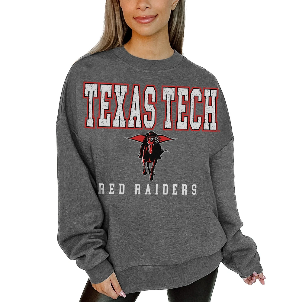 Women's Gameday Couture Heather Charcoal Texas Tech Red Raiders Distressed Fleece Pullover Sweatshirt