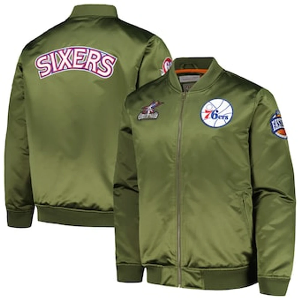 Men's Mitchell & Ness Olive Philadelphia 76ers Hardwood Classics Retro Satin Full-Zip Jacket