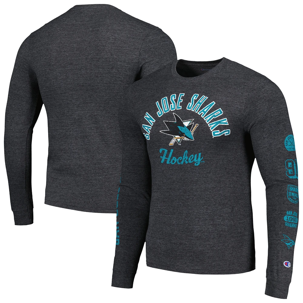 Men's Champion Heather Black San Jose Sharks Multi-Logo Tri-Blend Long Sleeve T-Shirt