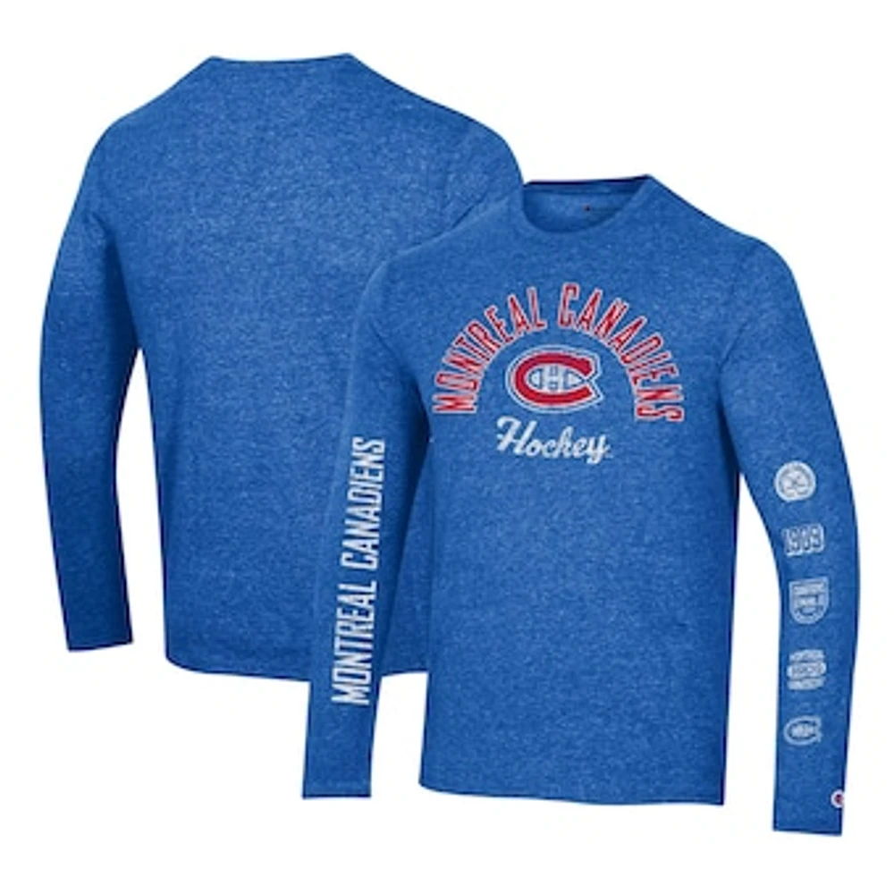 Men's Champion Heather Blue Montreal Canadiens Multi-Logo Tri-Blend Long Sleeve T-Shirt