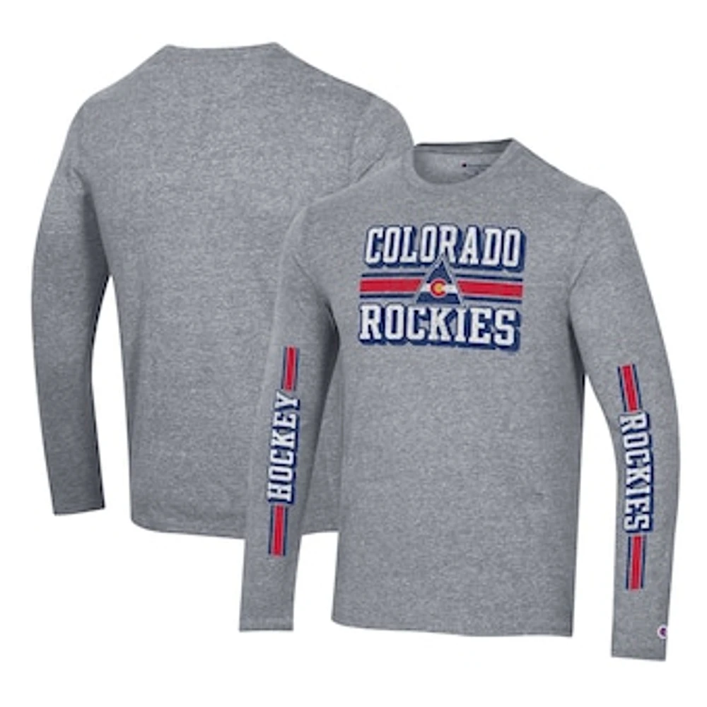 Men's Champion Heather Gray CO Rockies Tri-Blend Dual-Stripe Long Sleeve T-Shirt