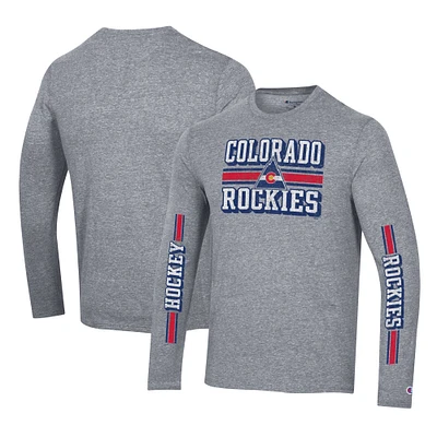 Men's Champion Heather Gray CO Rockies Tri-Blend Dual-Stripe Long Sleeve T-Shirt