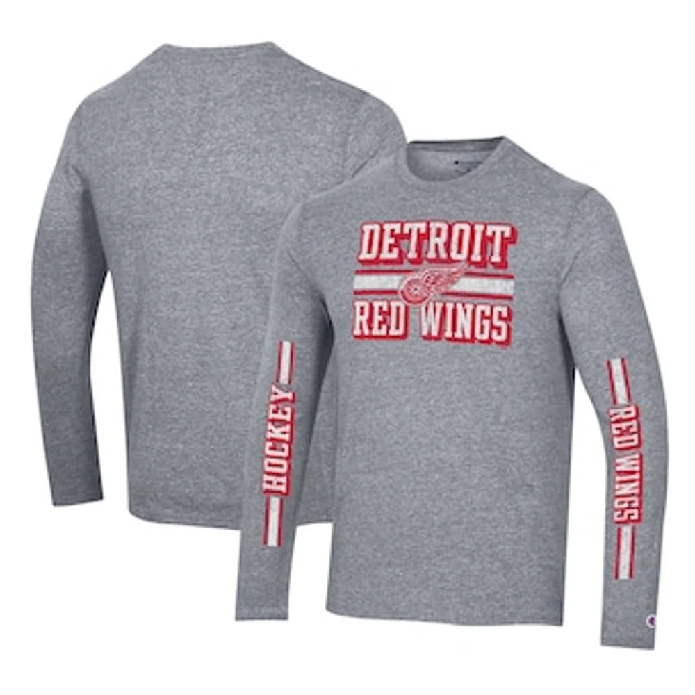 Men's Champion Heather Gray Detroit Red Wings Tri-Blend Dual-Stripe Long Sleeve T-Shirt