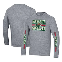 Men's Champion Heather Gray Minnesota Wild Tri-Blend Dual-Stripe Long Sleeve T-Shirt