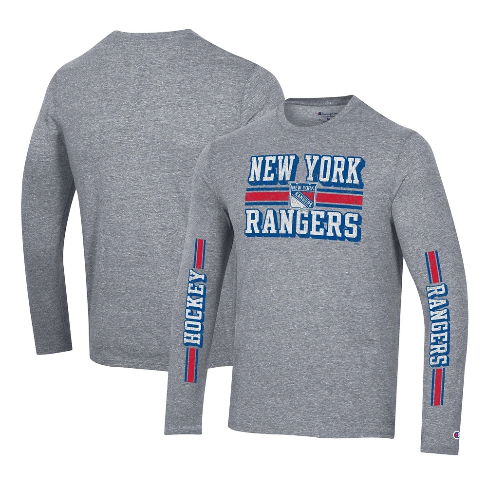 Men's Champion Heather Gray New York Rangers Tri-Blend Dual-Stripe Long Sleeve T-Shirt