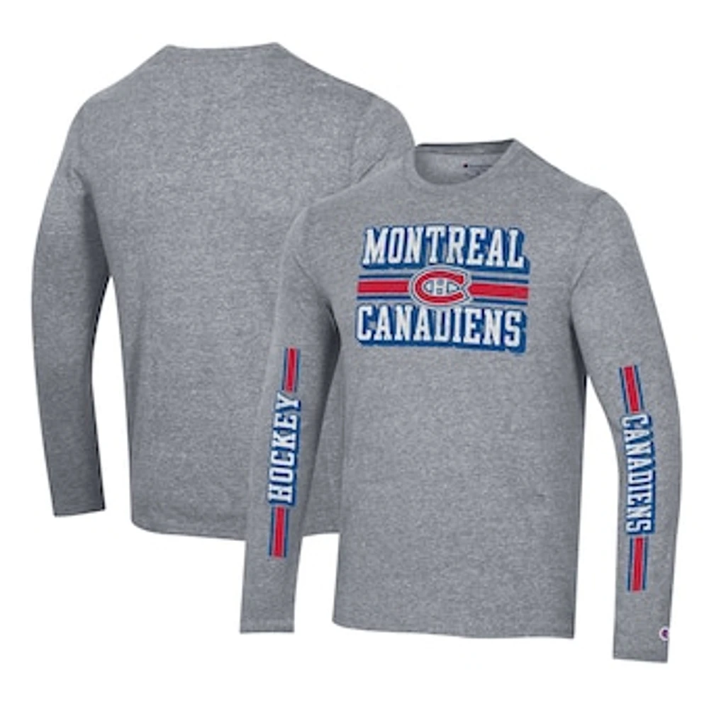 Men's Champion Heather Gray Montreal Canadiens Tri-Blend Dual-Stripe Long Sleeve T-Shirt