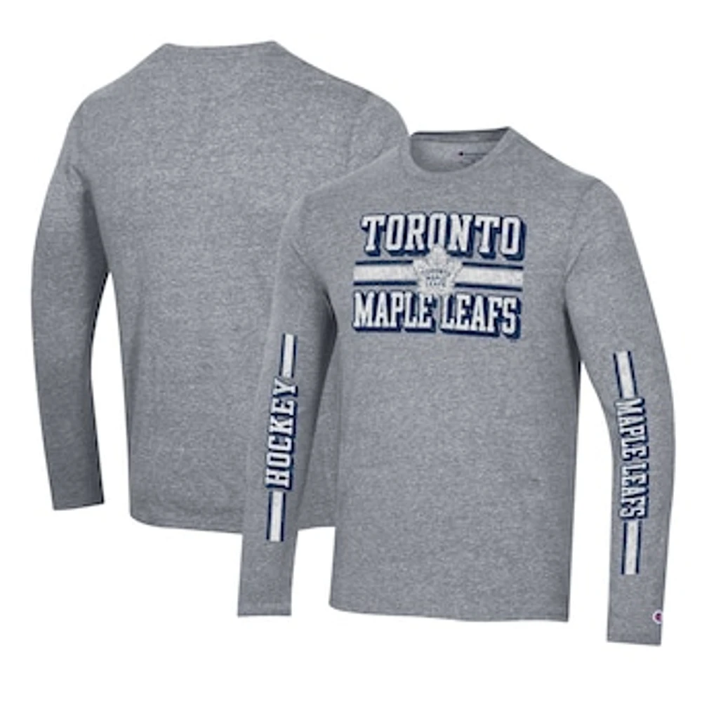 Men's Champion Heather Gray Toronto Maple Leafs Tri-Blend Dual-Stripe Long Sleeve T-Shirt