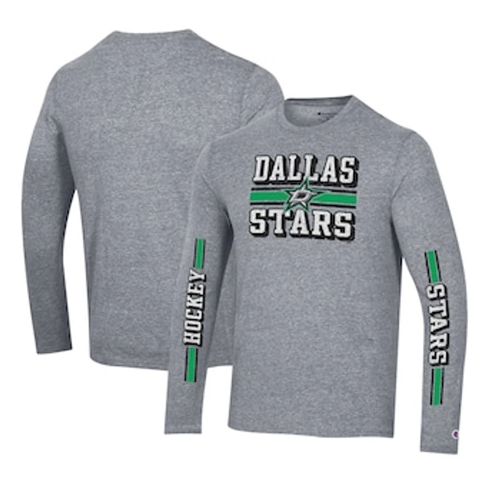 Men's Champion Heather Gray Dallas Stars Tri-Blend Dual-Stripe Long Sleeve T-Shirt