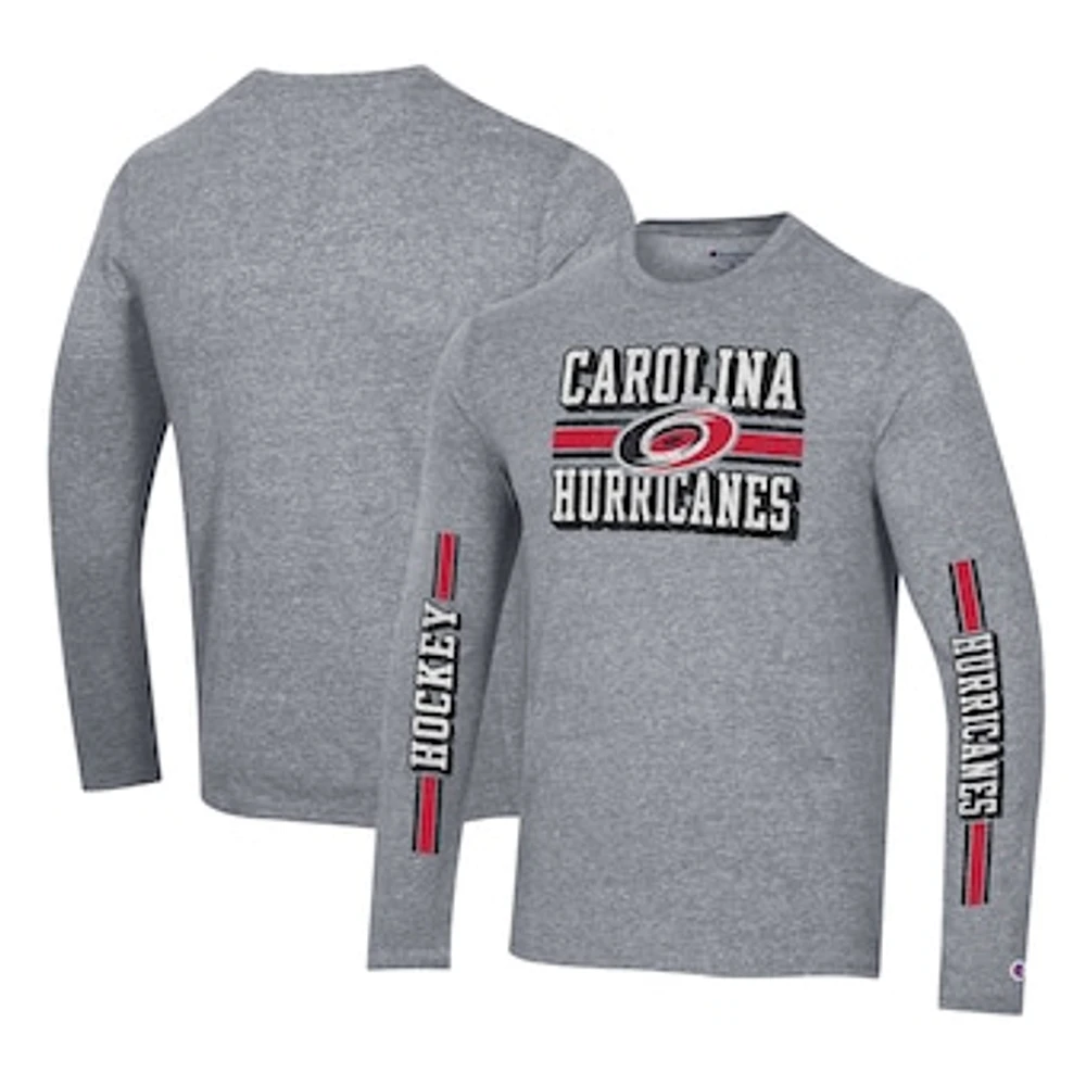 Men's Champion Heather Gray Carolina Hurricanes Tri-Blend Dual-Stripe Long Sleeve T-Shirt