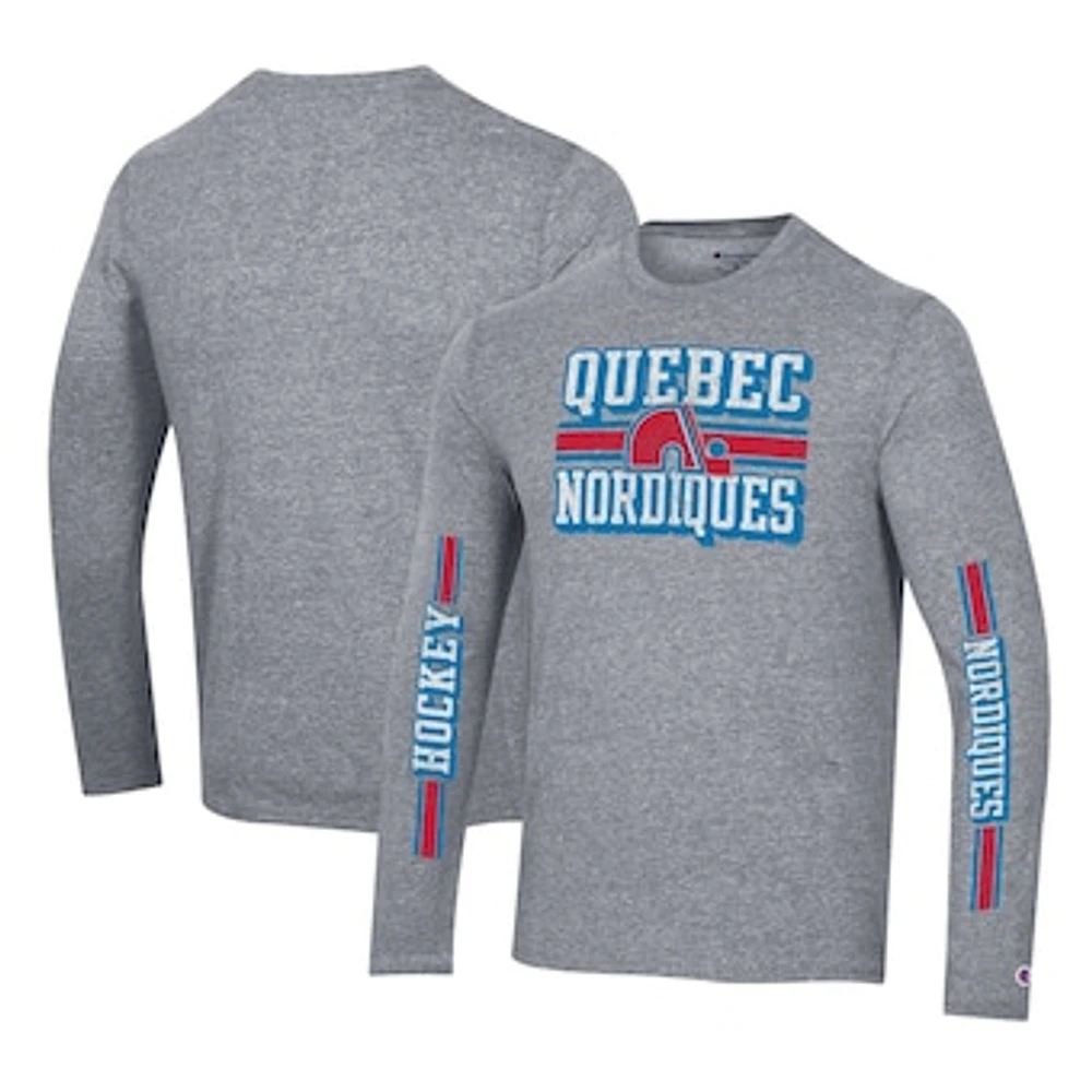 Men's Champion Heather Gray Quebec Nordiques Tri-Blend Dual-Stripe Long Sleeve T-Shirt