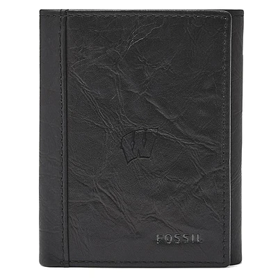 Men's Fossil  Black Wisconsin Badgers Neel Extra Capacity Trifold Wallet
