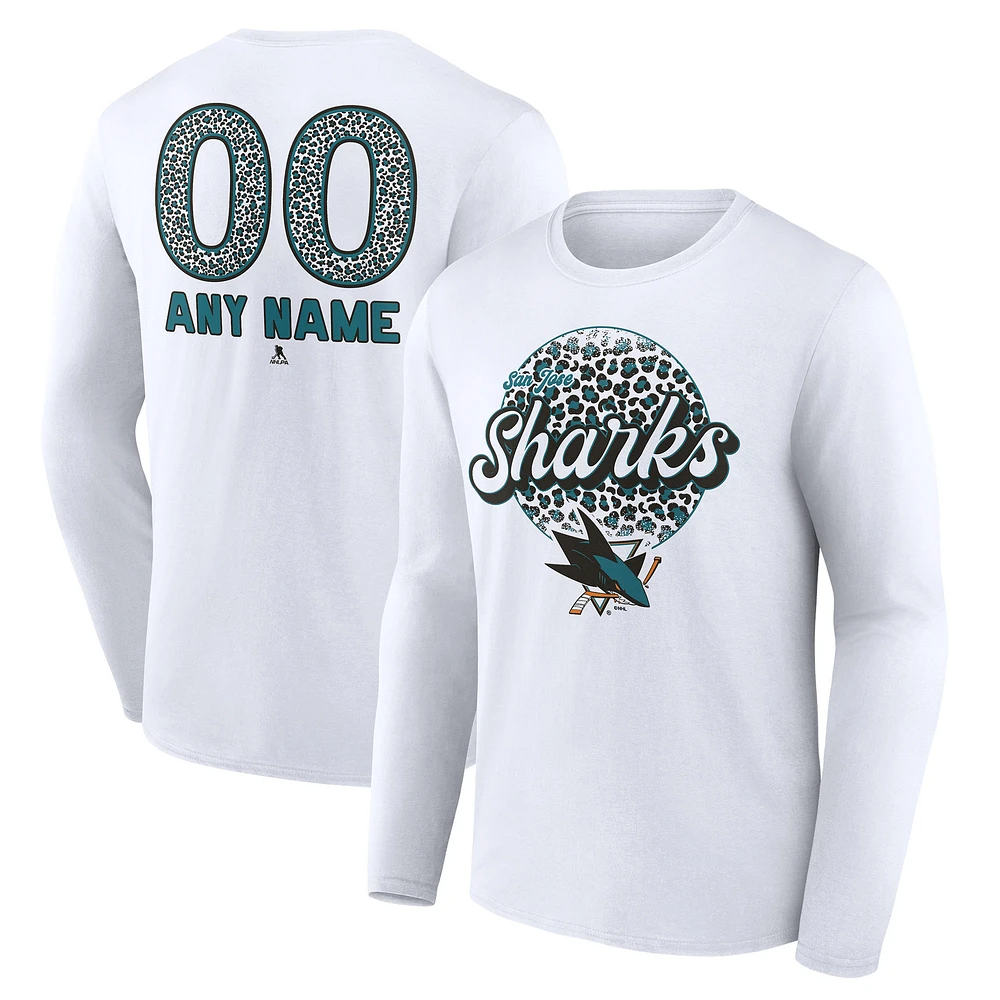 Unisex White San Jose Sharks Personalized Name & Number Leopard Print Long Sleeve T-Shirt