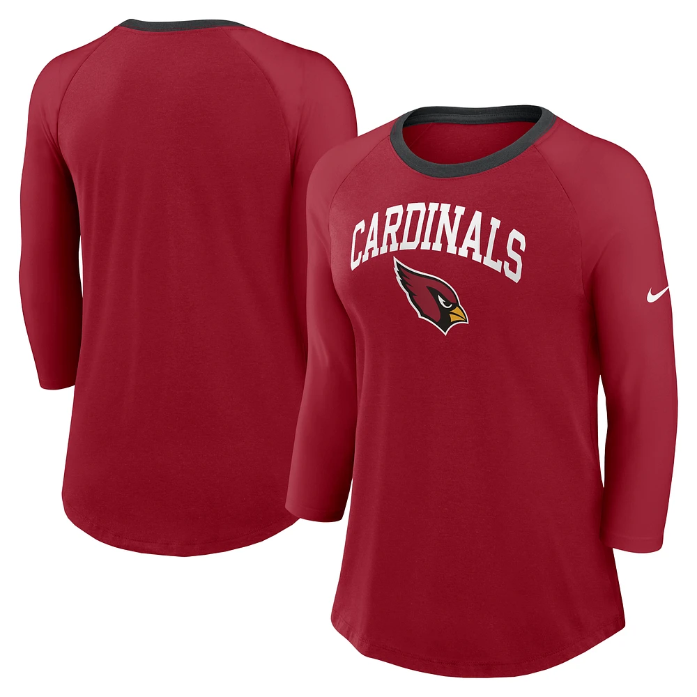 Women's Nike Cardinal Arizona Cardinals Raglan 3/4 Sleeve T-Shirt