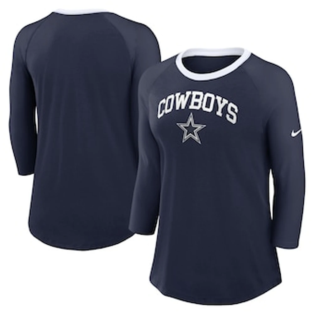 Women's Nike Navy Dallas Cowboys Raglan 3/4 Sleeve T-Shirt