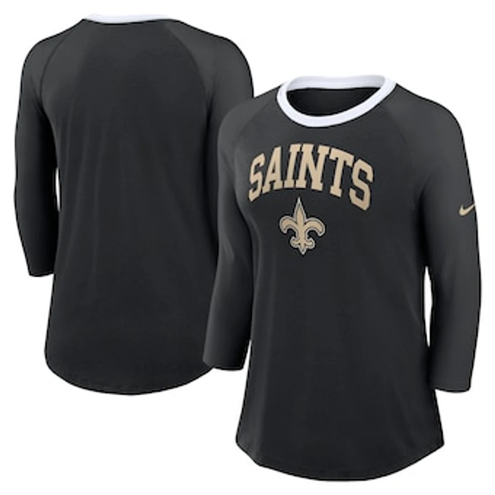 Women's Nike Black New Orleans Saints Raglan 3/4 Sleeve T-Shirt