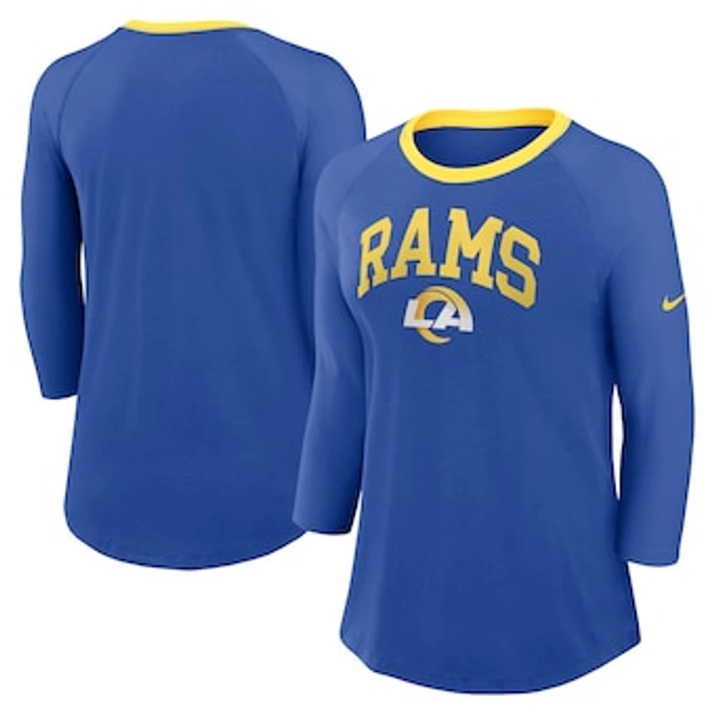 Women's Nike Royal Los Angeles Rams Raglan 3/4 Sleeve T-Shirt