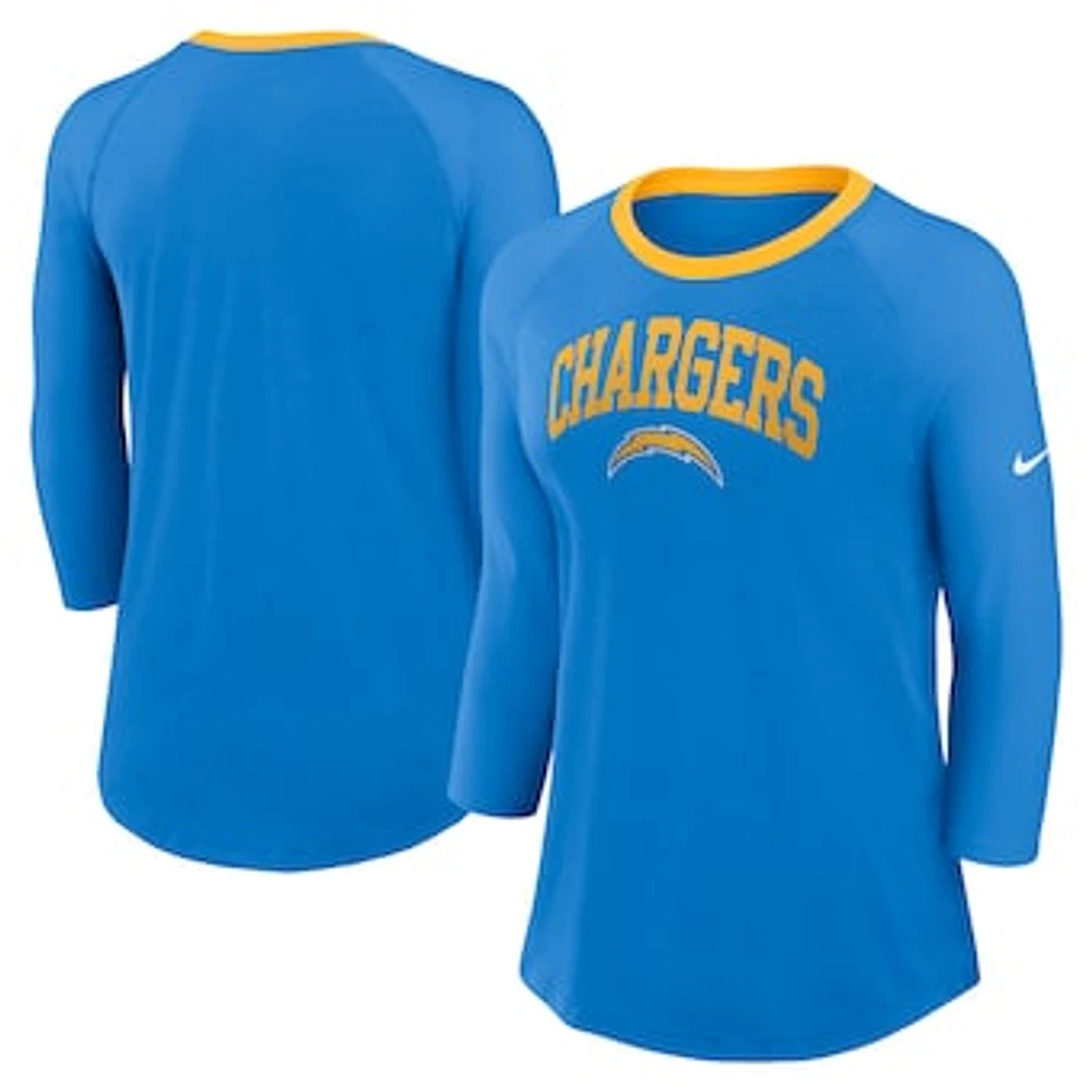 Women's Nike Powder Blue Los Angeles Chargers Raglan 3/4 Sleeve T-Shirt