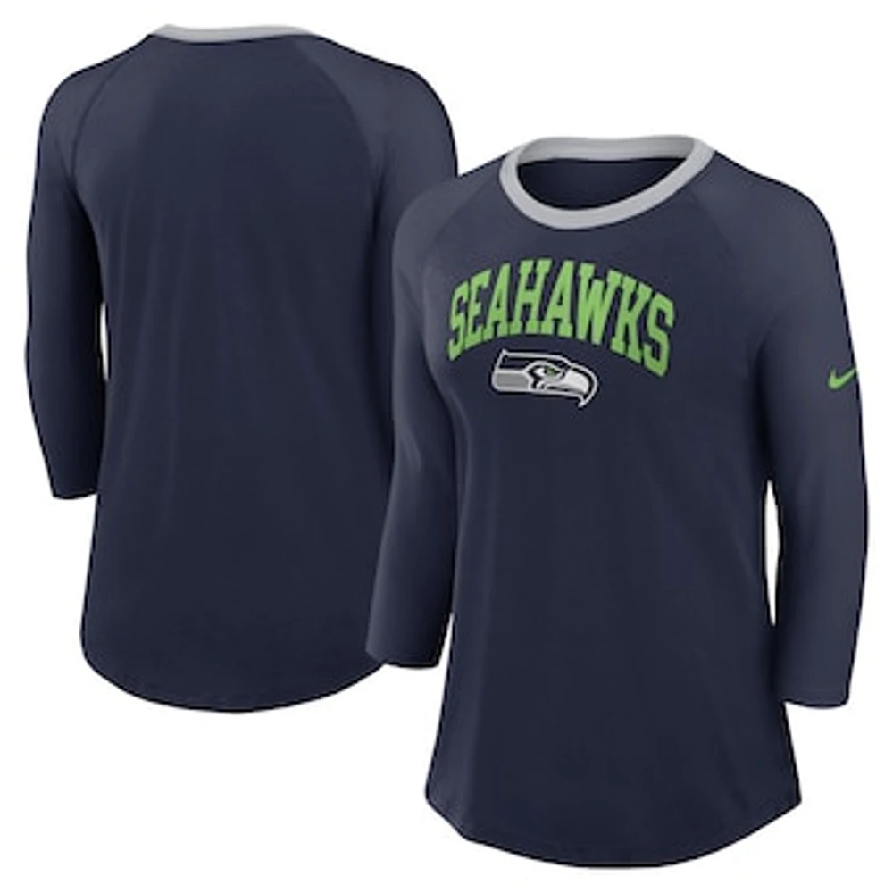 Women's Nike College Navy Seattle Seahawks Raglan 3/4 Sleeve T-Shirt