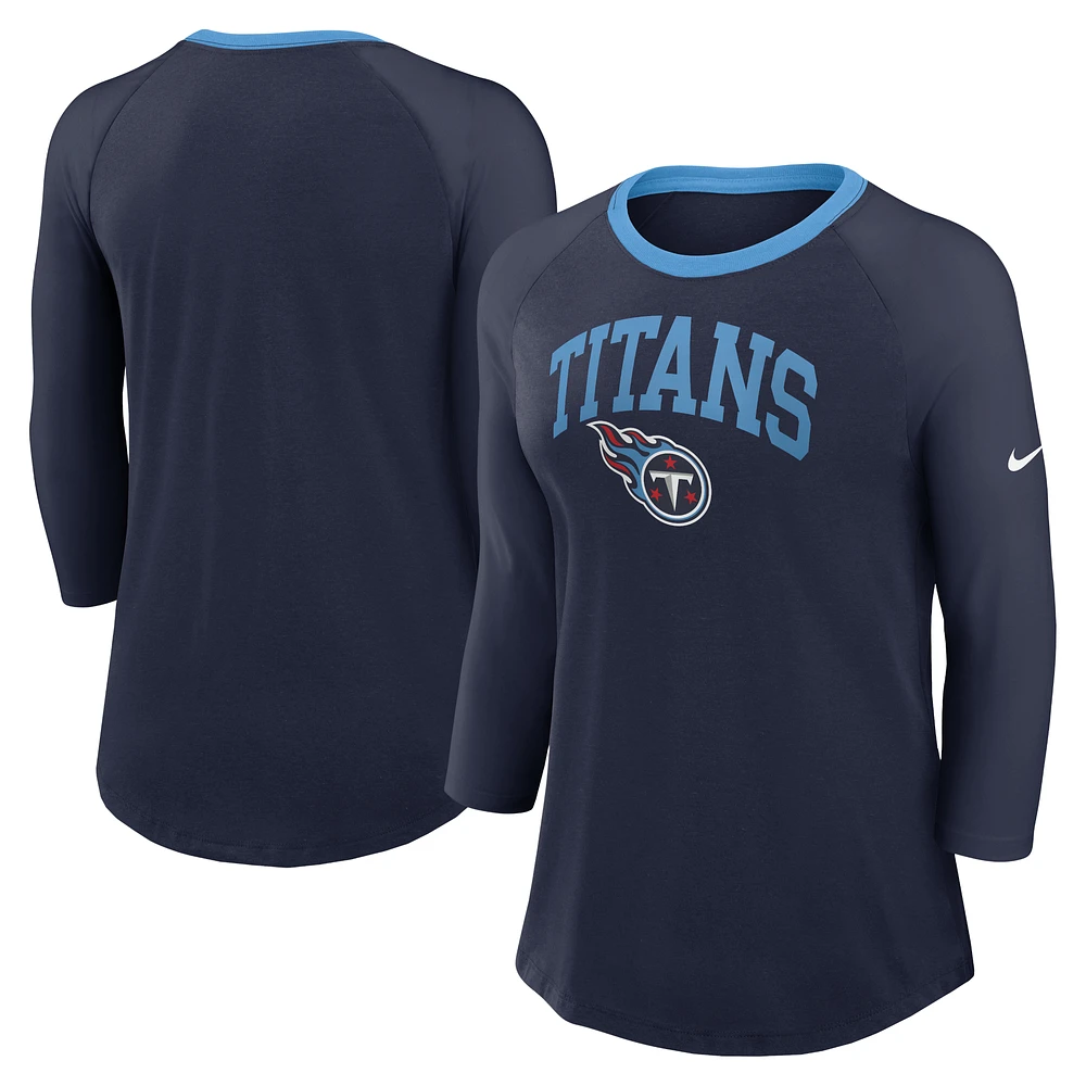 Women's Nike Navy Tennessee Titans Raglan 3/4 Sleeve T-Shirt