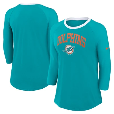 Women's Nike Aqua Miami Dolphins Raglan 3/4 Sleeve T-Shirt